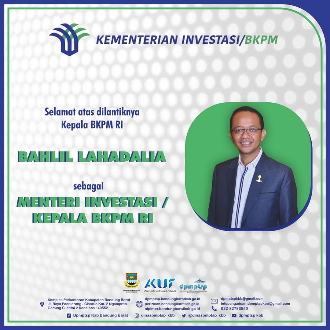 >Kami keluarga besar Dinas Penanaman Modal dan Pelayanan Terpadu Satu Pintu Kab. Bandung Barat mengucapkan selamat atas dilantiknya kepala BKPM RI @bkpm_id @bahlillahadalia menjadi Menteri Investasi/Kepala BKPM RI